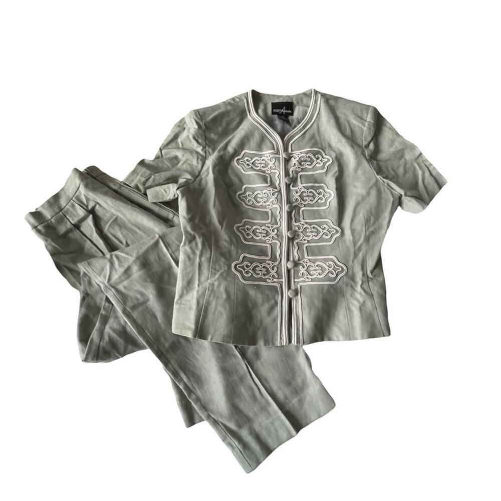 Positive Attitude 2 Piece Linen Set Blouse and Pants Mint Green Vintage 12 EUC